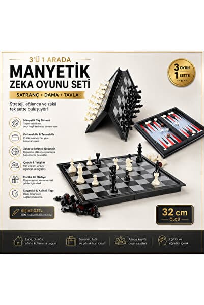 e-life shop Manyetik Satranç Dama Tavla 3'lü Set 32 cm Katlanabilir Taşınabilir Zeka Oyunu Eğitici Oyun Seti
