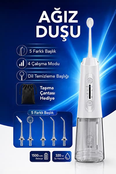 mimtec Şarjlı Ağız Duşu - 320ml Su Hazneli 5 Başlık 4 Çalışma Modlu Su Geçirmez Ağız Diş Dil Temizleyici Beyaz