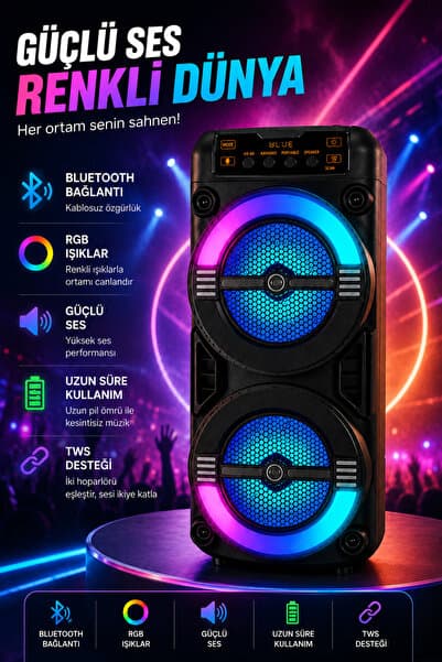 Omaze Bluetooth Hoparlör Speaker Taşınabilir RGB Işıklı Şarjlı Çift Hoparlör Güçlü Bas Stereo Ses Sistemi Bluetooth Hoparlör