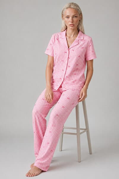FİT WOMEN Ekose Fiyonk Desenli Kısa Kollu Pijama Takımı Kadın Düğmeli Uzun Alt Pembe Pijama Takımı 4633