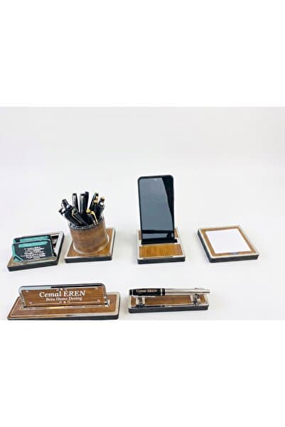BETAHOMEDESİNG İsimlik Ceviz,Rebab Desenli Altın,Gümüş Detaylı 6 Parça Ahşap Masa İsimliği ve Metal Roller kalem Ofis Hediyesi İsimlik Özelleştirilebilir Metal Roller Kalem ve İsimlik-Yuvarlak Model