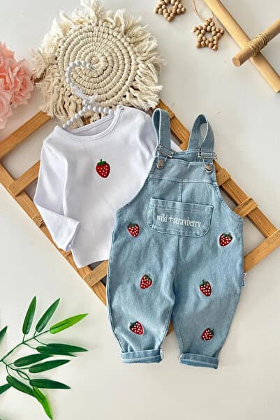 Minigimin Cicileri Miniğimin Cicileri Çilek Baskılı Kız Bebek Kot Salopetli Takım - Açık Mavi