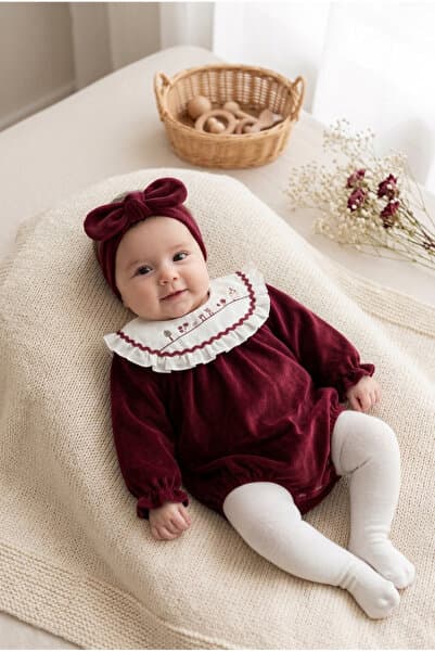 ZEYNUKO Kız Bebek Kadife 3-6 Ay Luxury Romper Yenidoğan Hastane Çıkışı Bebek Kıyafetleri