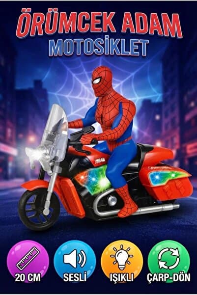 Tıfıl Toys Örümcek Adam Temalı Çarp Dön Işıklı ve Sesli Motosiklet Eğlenceli Oyuncağı - 20 cm