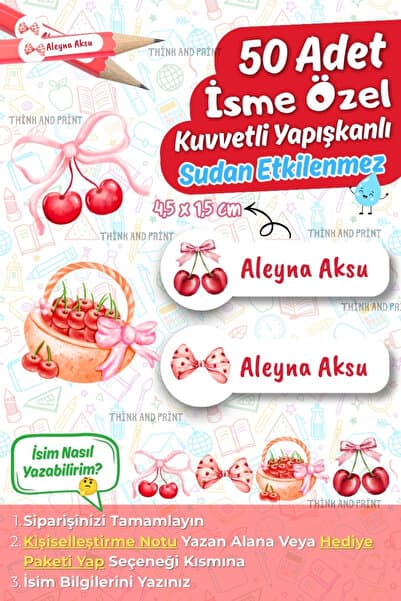 Think And Print Kişiye Özel Okul İsim Etiketi 50 Adet Kalem Defter İsimli Etiket Seti Yeni Tasarım