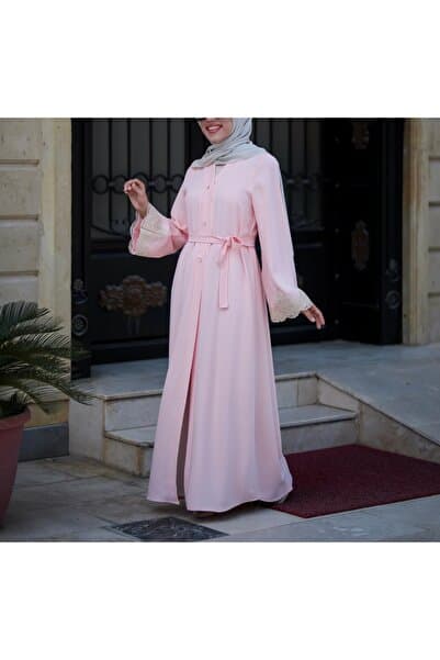Emine Özçelik Rose Abaya Dantel Kollu Kristal Taş Detaylı Özel Tasarım Abaya
