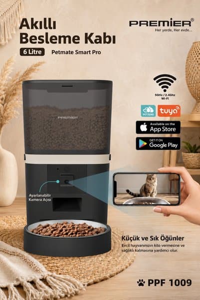 PREMIER PPF 1009 Wi-Fi Özellikli 1080P HD Kameralı Akıllı Otomatik Mama Kabı 6 Lt Mobil Uygulama ile Yemek Programı ve Manuel Besleme - Petmate Smart Pro - Siyah - Yenilenen Tasarım