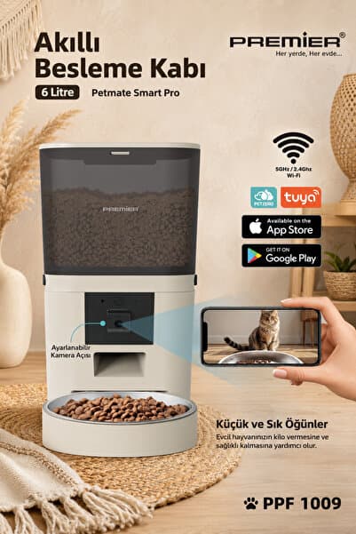 PREMIER Wi-Fi Özellikli 1080P HD Kameralı Akıllı Otomatik Mama Kabı 6 Lt Mobil Uygulama ile Yemek Programı ve Manuel Besleme - Petmate Smart Pro - PPF 1009 - Krem - Yenilenen Tasarım