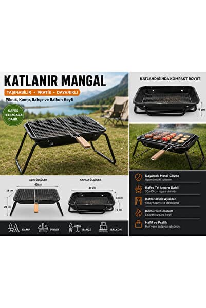 MEGESHOME Katlanır Mangal 33x43 cm | 30x40 Kafes Tel Izgara Dahil | Portatif Piknik ve Kamp Mangalı