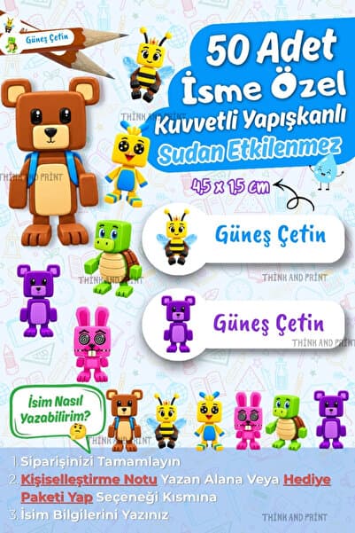 Think And Print 50 Adet Kişiye Özel Okul Etiketi İsimli Kalem Defter Suluk Etiket Dayanıklı Etiket Super Bear