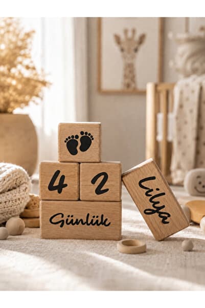 ENCİVA Isimli Bebek Anne Anı Küpü Dekor Türkçe 5’li Set Isimli Ahşap Bebek Anı Küpüleri
