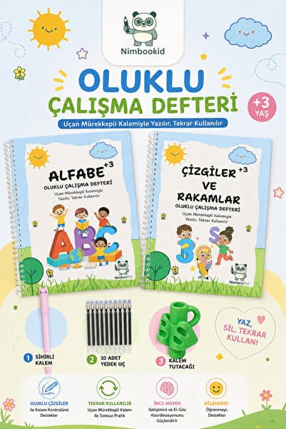 Nimbookid Sihirli Kalemli Oluklu Yazmayı Kolayca Öğreten Kitap (Kabartmalı) Alfabe ve Çizgiler Rakamlar Defteri Güzel Yazı, Yazı Düzeltme