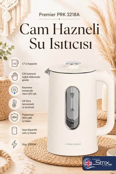 PREMIER PRK 3218A Isıya Dayanıklı Cam Hazneli LED ışıklı Su Isıtıcısı Cool Touch Kettle