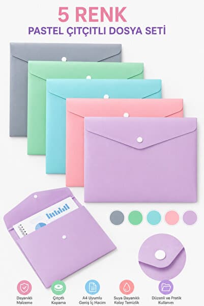 Fiyper Fiyat Performans Ürünleri A4 Çıtçıtlı Zarf Dosya 5 Renk Pastel Renkler