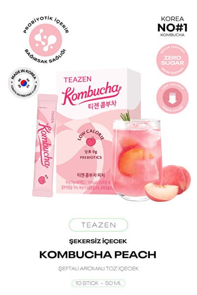 TEAZEN Probiyotik Ve Lif İçeren Bağırsak Sağlığı Destekli Şekersiz İçecek Kombucha Peach