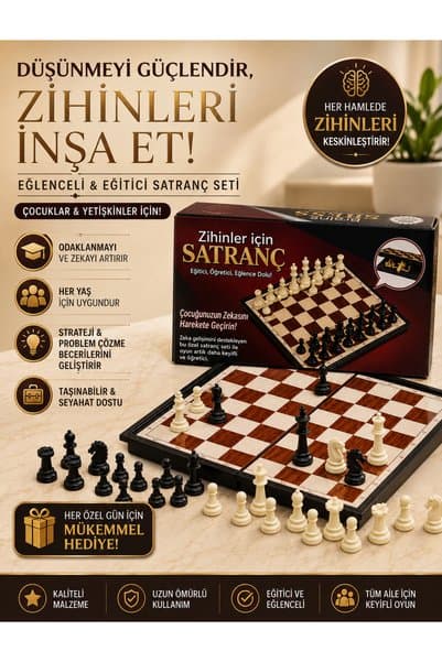 METTREND Manyetik Katlanır Satranç ve Dama Takımı 25 cm Taşınabilir Seyahat Okul Çocuk Zeka Oyun Seti Eğitici