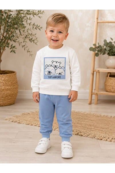 Organic Product DimpleBaby Erkek Bebek Ayıcık Baskılı Sweatshirt Eşofman Altı 2’li Takım 0-24 Ay