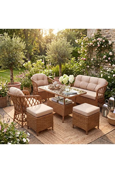 Durante Living Vera Prestige Rattan Bahçe Oturma Grubu 3+1+1+2 Puf+Masa Kahve
