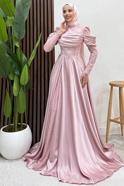 Lamia Giyim Zelin Saten Abiye Soft Pembe