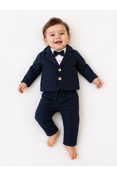 tinytrends Erkek Bebek Pamuklu Zıbınlı Gömlek Ceketli Papyonlu Takım Elbise