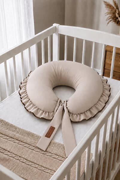 mordesign Fırfırlı Emzirme Yastığı, Bebek Destek Minderi, Hamile Yastığı, Pamuk Kumaş, Ruffle Seri, Sand Rengi