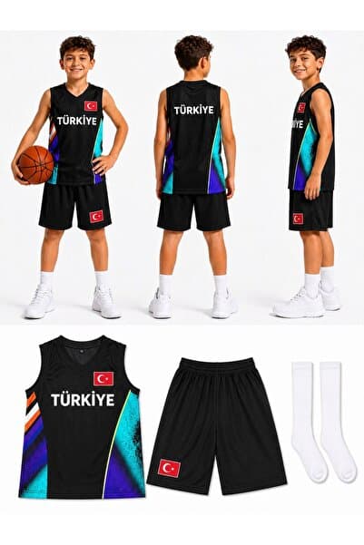 sonvadi Türkiye Armalı Siyah-Turuncu Çocuk Basketbol Forması Çorap Hediyeli