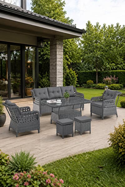 Evdemo Deniz Rattan Puflu Bahçe Balkon Takımı 3+1+1 Antrasit