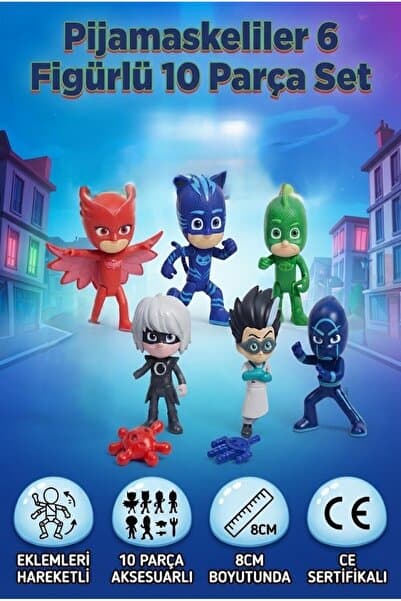 Tıfıl Toys Pj Masks Pijamaskeliler Catboy Owlette Gekko 6'lı 10 Parça Aksesuarlı Oyun Seti