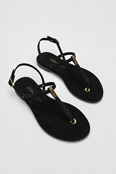 Ülkü Yaman Collection Kadın Parmak Arası Gold Detaylı Siyah Süet Günlük Sandalet 35-42 Numara