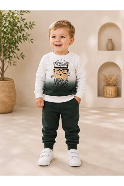 Organic Product DimpleBaby Erkek Bebek Ayıcık Baskılı Sweatshirt Eşofman Altı 2’li Takım 0-24 Ay