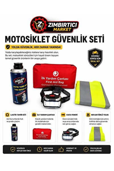 ZIMBIRTICI MOTOSİKLET GÜVENLİK SETİ (ÇANTASIZ) (Kafa Feneri+İlkyardım Çantası+Reflektörlü Yelek+Lastik Tamir Kiti)