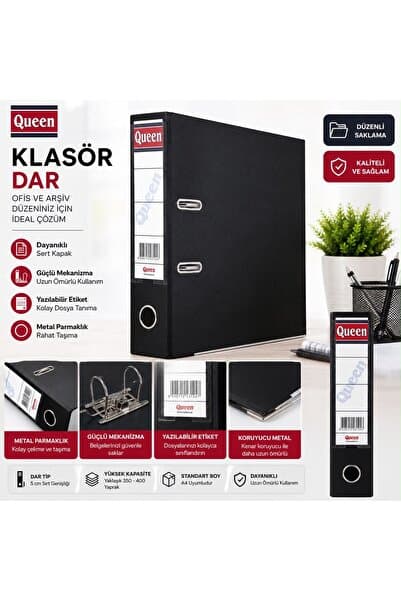 Quen Queen Dar Klasör A4 5 cm Metal Parmaklıklı Yazılabilir Etiketli Siyah Arşiv Klasörü