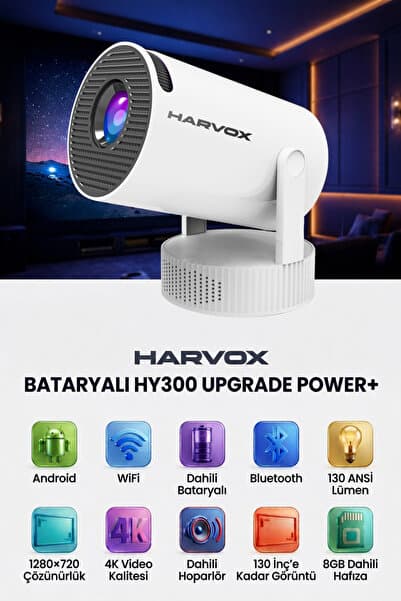 HARVOX HY300 Upgrade Power+ Bataryalı Projeksiyon Cihazı Taşınabilir 4K Destekli Android Sistemli Projeksiyon