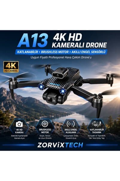 ZorvixTech A13 Kameralı Drone 4K HD Katlanabilir Brushless Motor Akıllı Engel Sensörlü