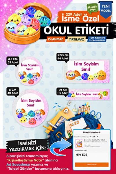 TUĞSET Okul Etiketi Kalem Defter Etiketi Özel İsim Yazılabilen Etiket Seti Çin Mantısı- İsimli Etiket OE17
