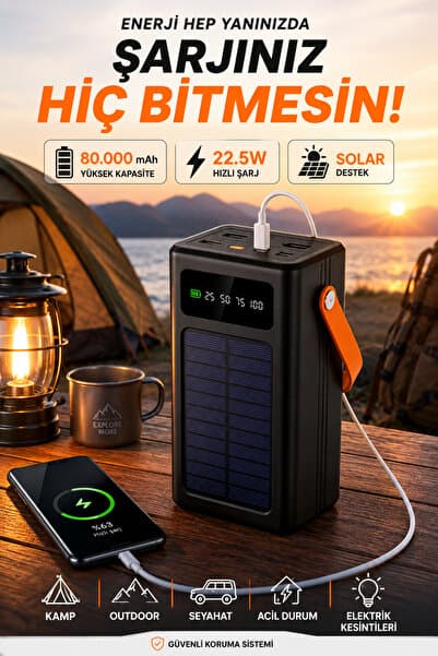 MO DOU 80.000 mAh Solar Powerbank Hızlı Şarj Güneş Enerjili Dijital Göstergeli 4 USB Çıkışlı Type-C Outdoor Kamp Taşınabilir Şarj Cihazı