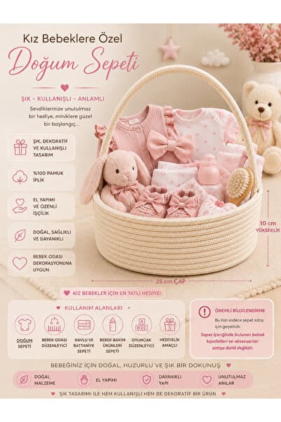 Home El Örgüsü Hasır Halat Bebek Doğum Hediyesi Sepeti - Kulplu Bebek Odası Düzenleyici Bez Sepeti