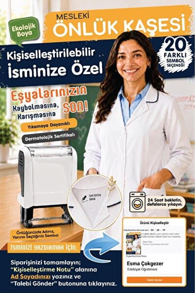 TUĞSET Öğretmen Önlüğü İsim Kaşesi Doktor Hemşire Eczacı Diş Hekimi Mesleki Önlük Kaşesi İsme Özel -T1606