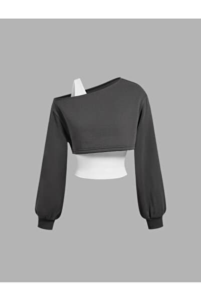 MOONBULL Kadın Çok Yönlü Düz Renk Asimetrik Omuzlu Askılı Üst ve Asimetrik Omuzlu Kısa Uzun Kollu Sweatshirt Takımı