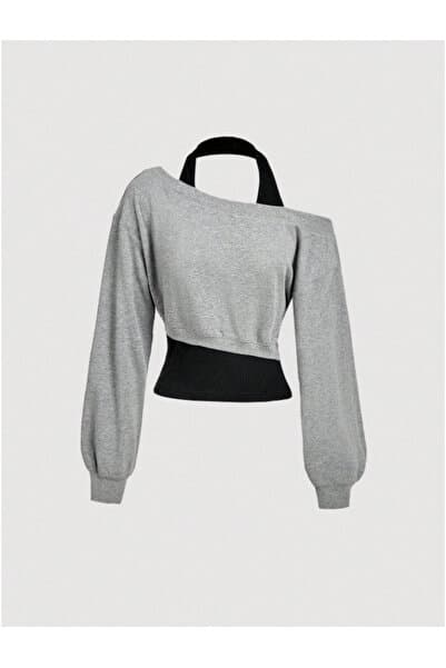 MOONBULL Kadın Asimetrik Kesim 2 si 1 Arada Günlük Pamuklu Crop Sweatshirt