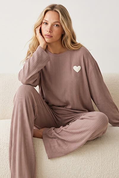 Siyah İnci vizon Kalp nakışlı Fitilli Yumuşak Tuşe Örme Pijama Takım