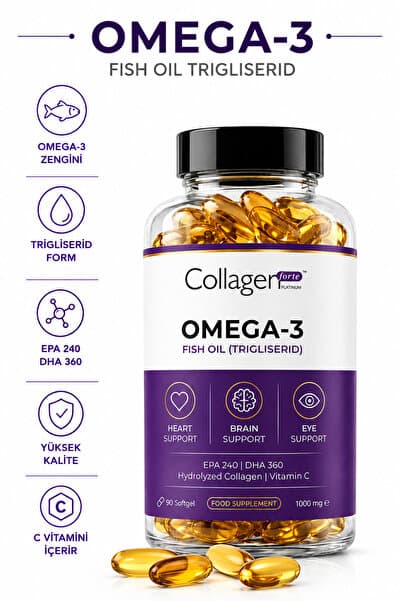 Collagen Forte Platinum Omega-3 Balık Yağı 90 X 1000mg Softgel, Hidrolize Kolajen & C Vitamini