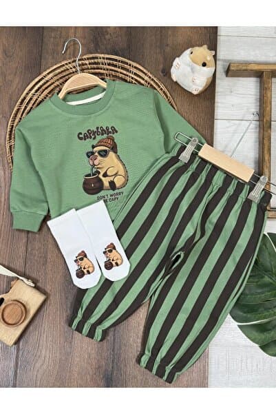 my petit panda Capybara Baskılı Oversize Sweatshirt Çizgi Baskılı Pantolon Çorap Detaylı Alt Üst 3lü Mevsimlik Erkek Bebek Takım