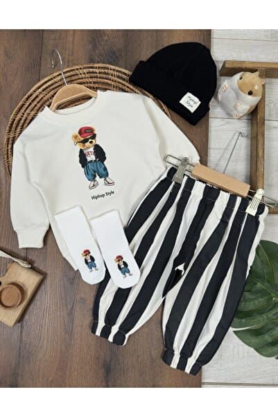 my petit panda Hiphop Style Şapkalı Ayı Teddy Baskılı Oversize Sweatshirt ve Çorap Çizgili Pantolon 4lü Mevsimlik Erkek Bebek Takım