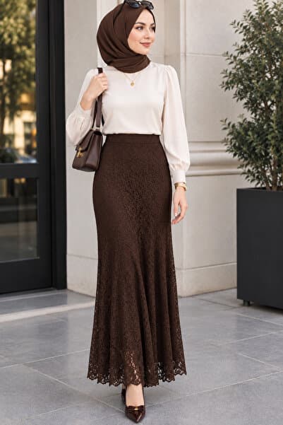 Emina Stil KADIN DANTELLİ ETEK KAHVERENGİ ŞİK VE ZARİF MODELİ