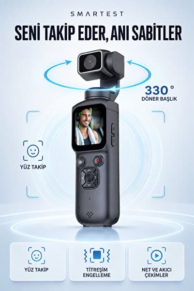 SMARTEST 4K Ultra HD Profesyonel Aksiyon Kamerası | Vlog Kamera, Gimbal, 330° Dönebilir, Yüksek Stabilize, Yüz Takibi, Dokunmatik Ekran