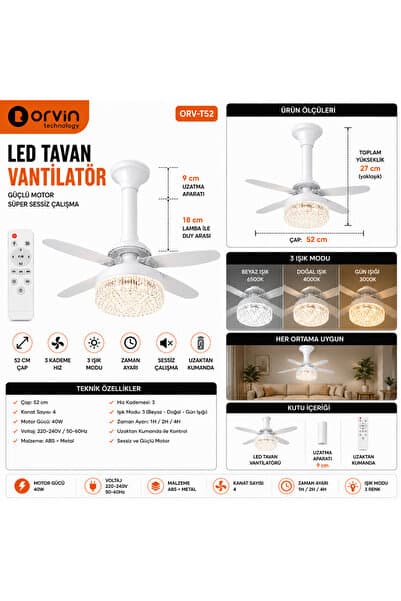 Global 6 Kanatlı LED Tavan Vantilatörü 52 cm 40W Uzaktan Kumandalı 3 Işık Modlu Sessiz Fan