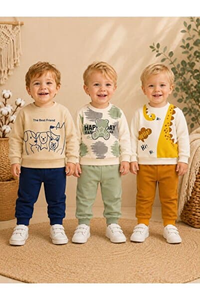 Organic Product DimpleBaby 3’lü Bebek Takım Seti – Baskılı Sweatshirt ve Jogger Alt 6-24 Ay