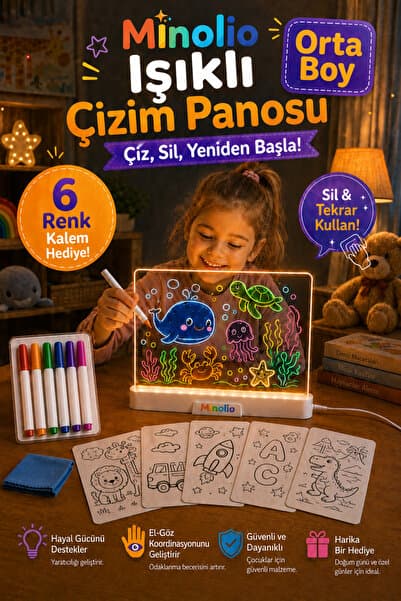 Minolio LED Işıklı Çizim ve Boyama Tahtası Stant ve 6 Adet Kalem Hediyeli 20X20