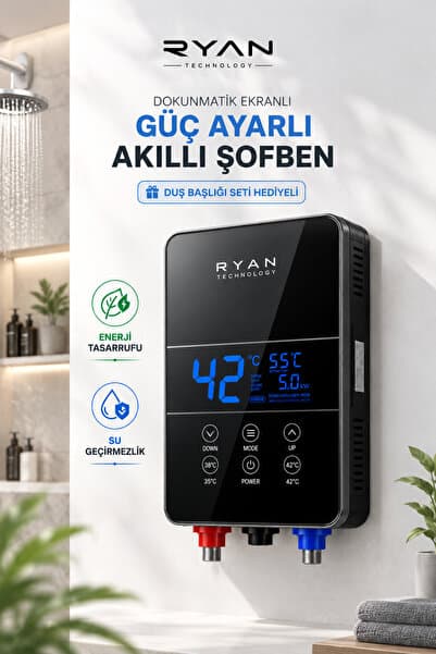 Ryan Dijital Akıllı Şofben Ani Su Isıtıcı Elektrikli Banyo Şofbeni (Duş Başlığı Hediyeli)